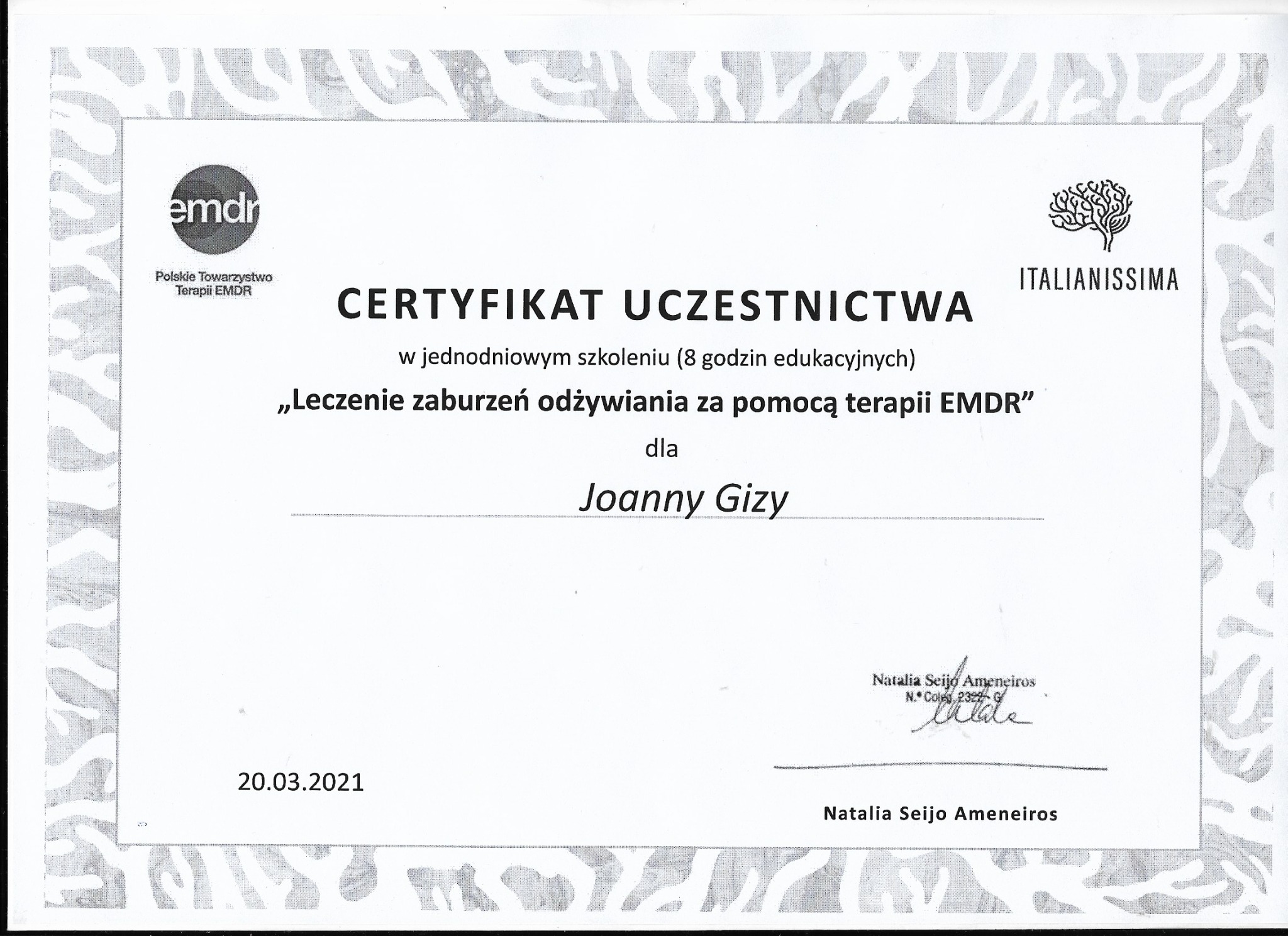 Skan certyfikatu uczestnictwa w szkoleniu z terapii EMDR, dotyczące leczenia zaburzeń odżywiania, wydany Joannie Gizy przez Polskie Towarzystwo Terapii EMDR.