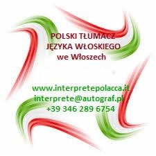 Napis 'POLSKI TŁUMACZ JĘZYKA WŁOSKIEGO we Włoszech' otoczony stylizowanymi flagami włoskimi w formie pędzla, poniżej adres strony internetowej i numer telefonu.