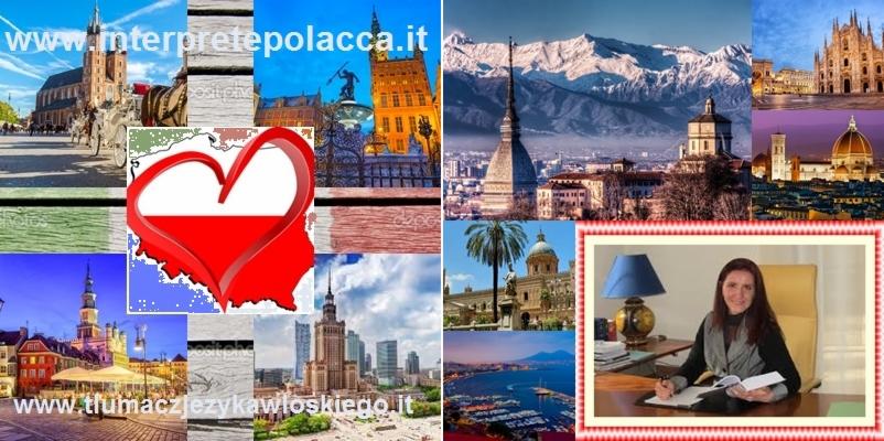 Mozaika zdjęć przedstawiająca polskie i włoskie miasta, z akcentem na mapę Polski w kształcie serca i portret kobiety przy biurku z lampą, sugerująca usługi tłumaczeniowe.