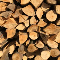 Stos pociętego drewna ułożonego w regularny sposób, oświetlony jasnym, naturalnym światłem, ukazujący strukturę drewna i jego odcienie.