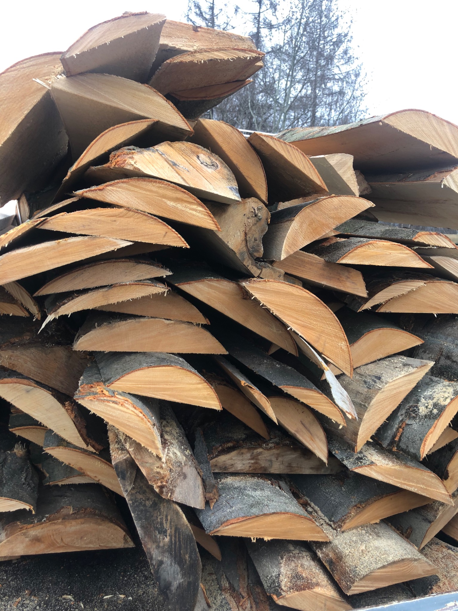 Stos połupni z drewna liściastego z korą, ułożonych warstwami na zewnątrz, z drzewami w tle.