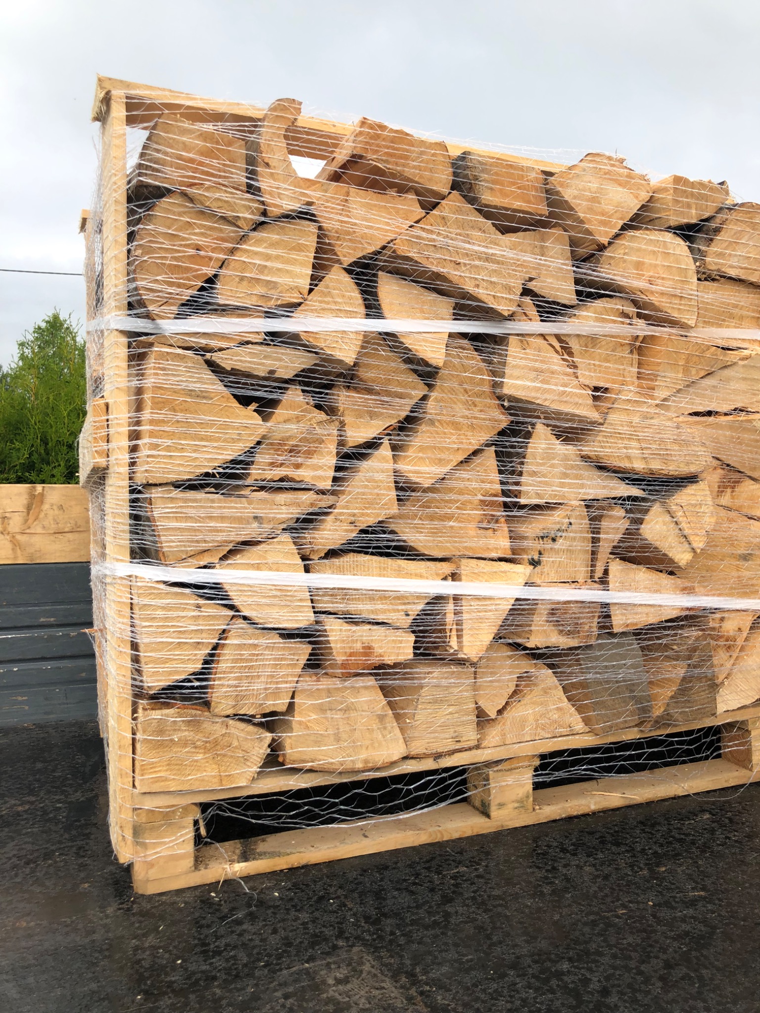 Paleta z pociętym drewnem opałowym, zabezpieczona folią stretch, widoczna na tle zieleni i pochmurnego nieba.