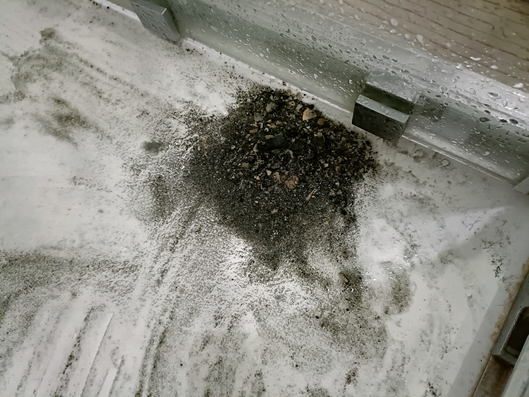 Zanieczyszczony odpływ brodzika z nagromadzeniem piasku, kamieni i ciemnego osadu, widoczne krople wody na szklanej ściance kabiny.