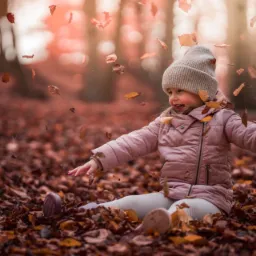 Dziewczynka w różowej kurtce i czapce siedzi na ziemi pokrytej opadłymi liśćmi, rzucając liście w powietrze podczas sesji w jesiennym lesie.