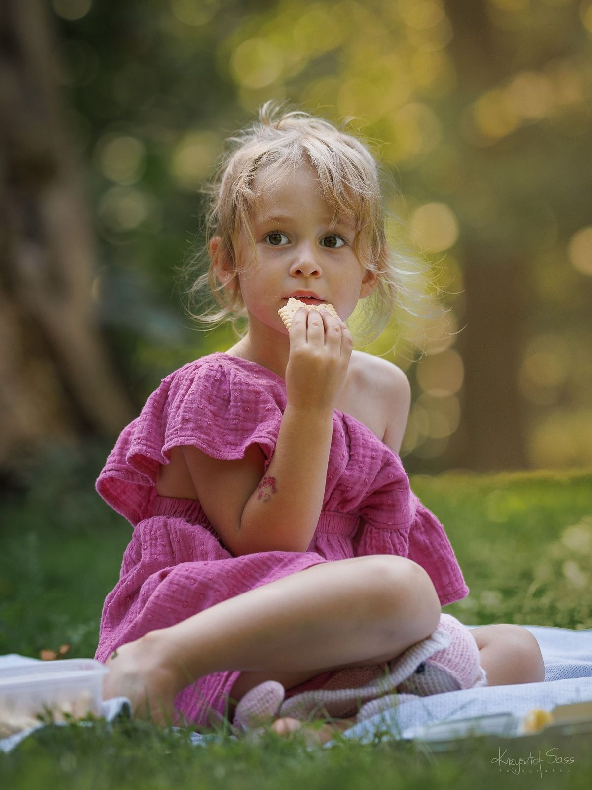 Dziewczynka w różowej sukience siedzi na kocu na trawie, trzymając w ręku ciastko, z rozproszonym światłem słonecznym w tle.