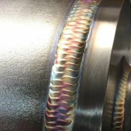 Błyszczące, precyzyjne spawy na rurze ze stali nierdzewnej, z widocznymi tęczowymi przebarwieniami termicznymi, ukazujące wysoką jakość wykonania.