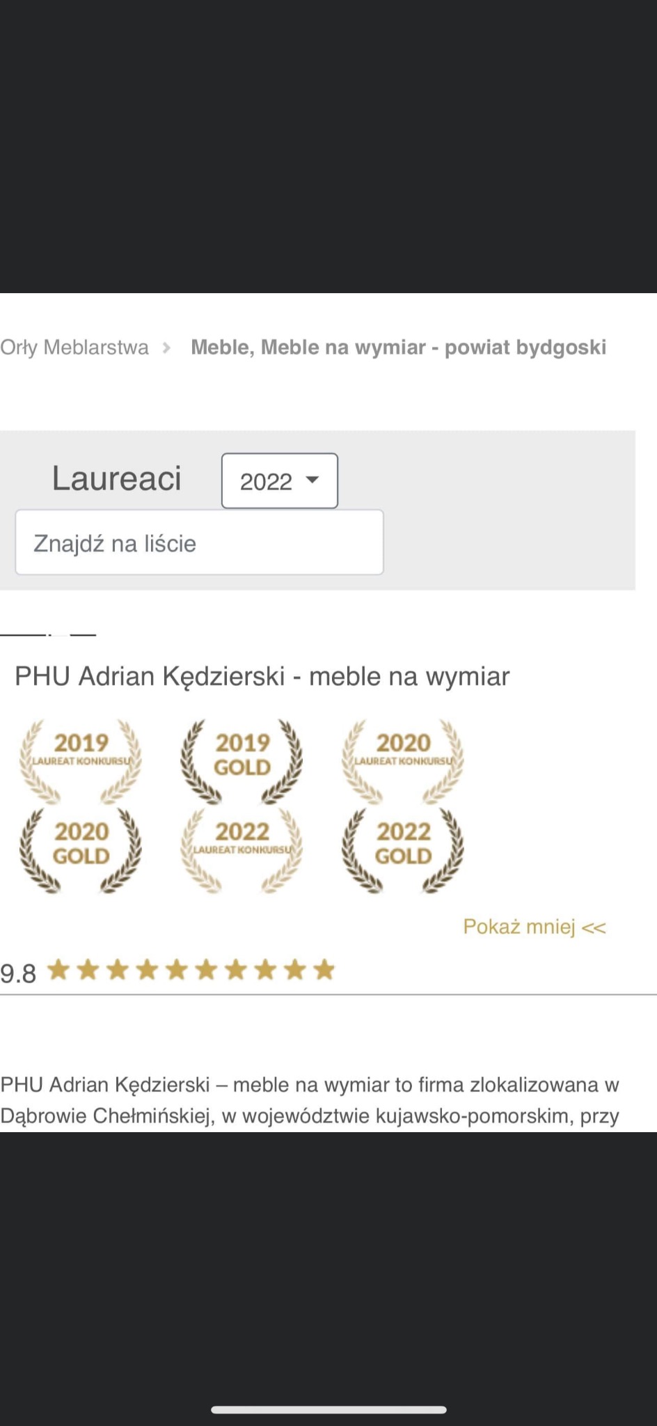 Lista laureatów konkursu Orły Meblarstwa, firma PHU Adrian Kędzierski - meble na wymiar, z nagrodami z lat 2019, 2020 i 2022, ocena 9.8.