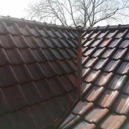 Fragment dachu pokrytego ciemną dachówką ceramiczną, widoczne obróbki blacharskie w narożniku dachu, w tle drzewo bez liści i jasne niebo.