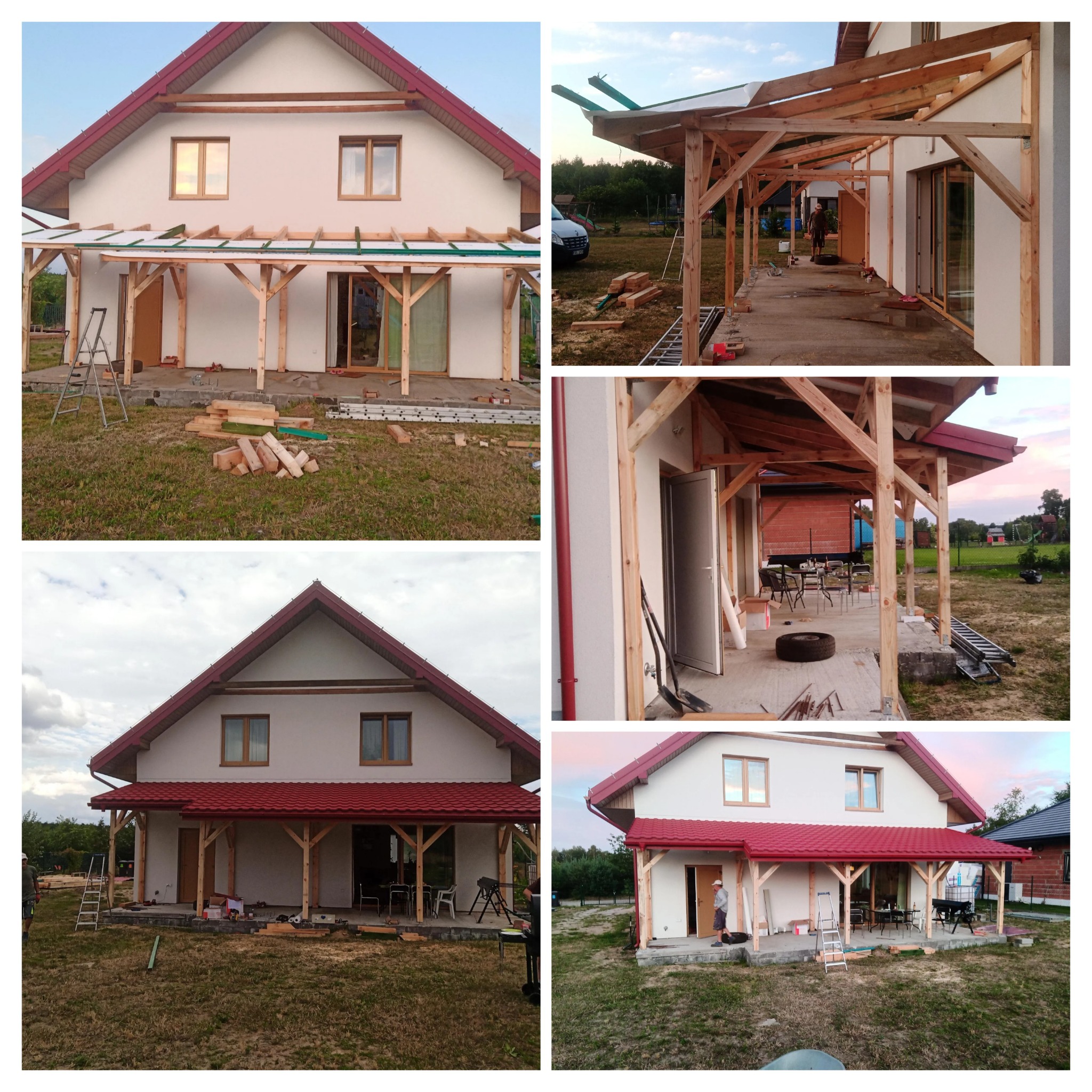 Dom jednorodzinny z dobudowywanym drewnianym zadaszeniem tarasu na różnych etapach budowy, widoczne rusztowania, narzędzia i materiały budowlane.