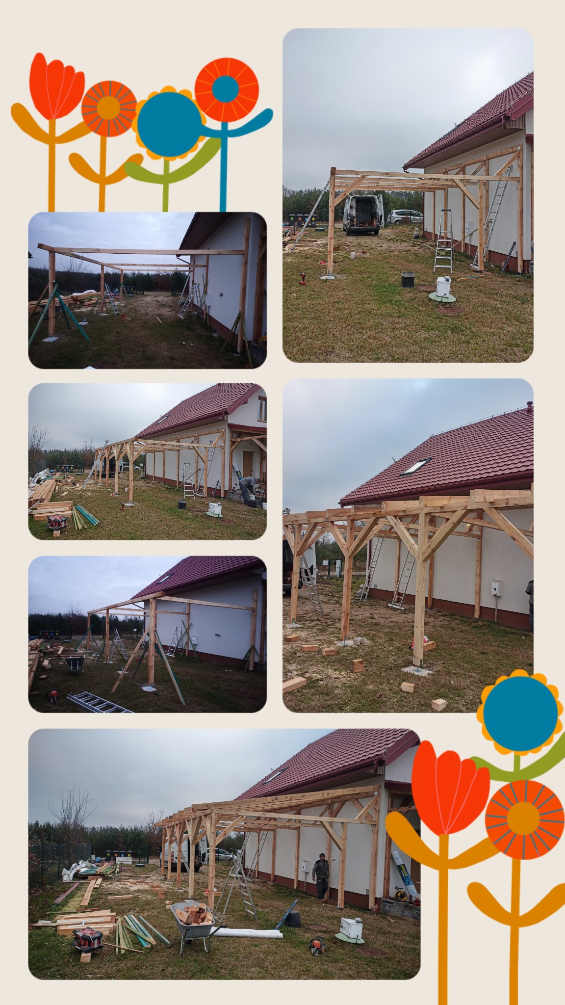 Montaż drewnianej konstrukcji zadaszenia przy budynku z czerwoną dachówką, widoczne elementy więźby, drabiny, narzędzia i materiały budowlane wokół.