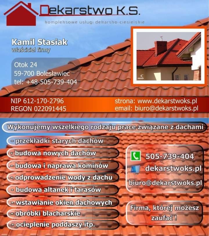 Wizytówka firmy dekarskiej Dekarstwo K.S. z Bolesławca prezentująca dane kontaktowe, zakres usług i zdjęcie dachu pokrytego czerwoną dachówką.