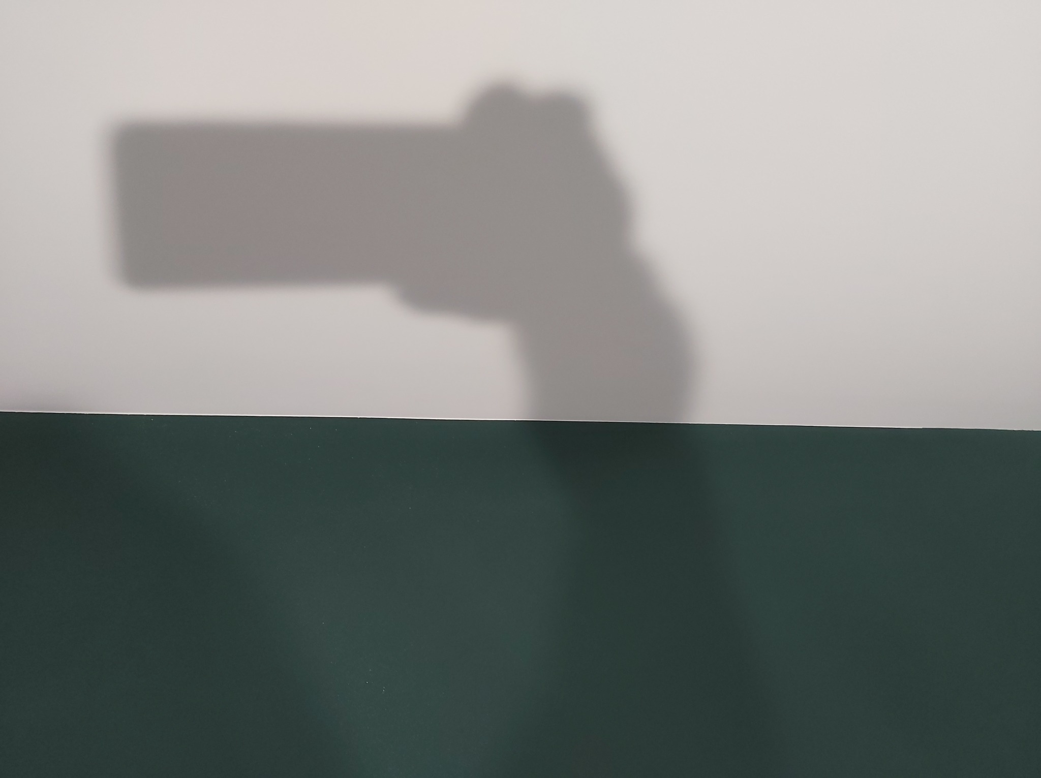 Świeżo pomalowana, ciemnozielona ściana w dolnej części kadru, z widocznym cieniem dłoni trzymającej telefon w górnej części, rzucanym na białą ścianę.