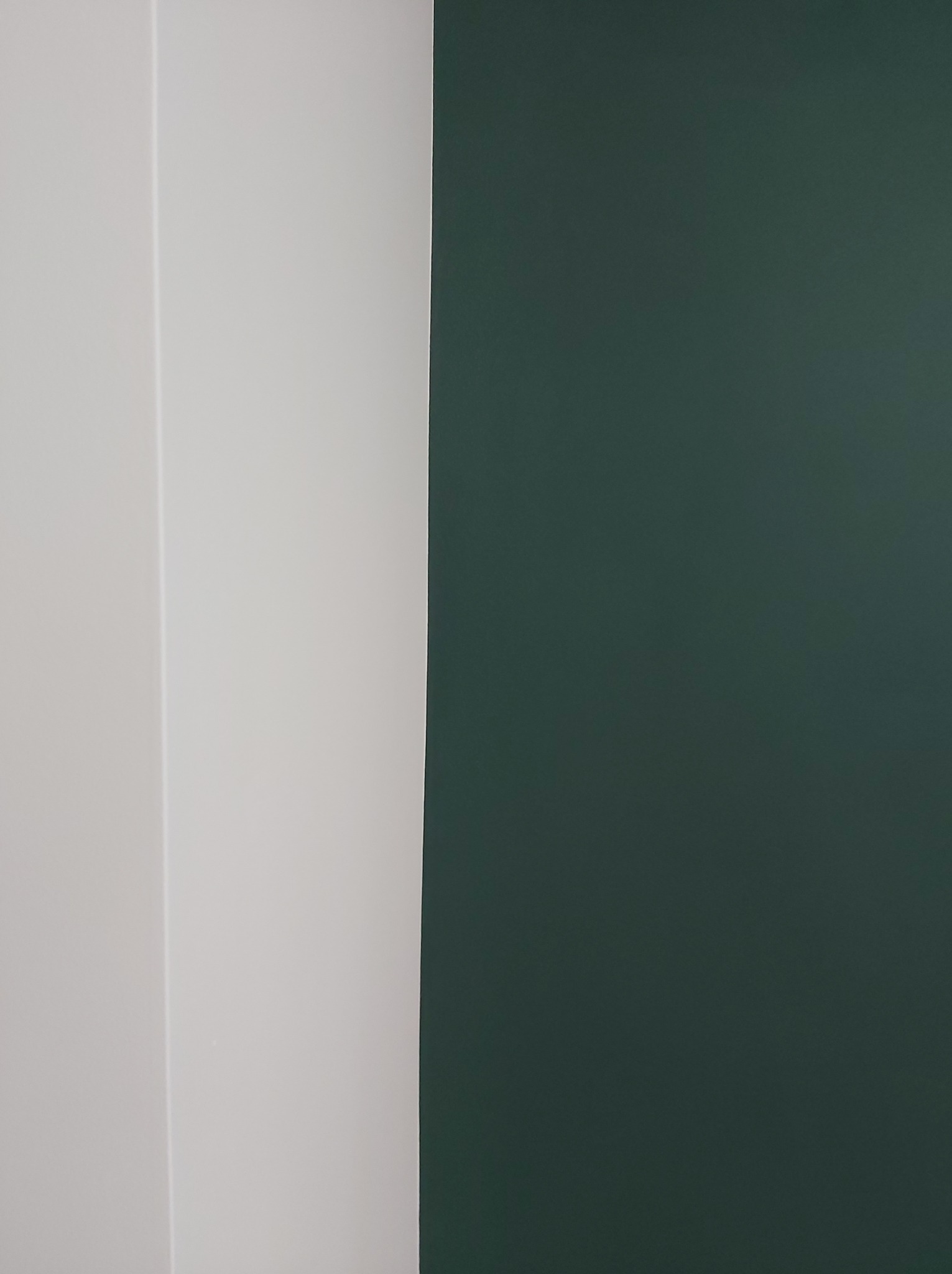Fragment ściany po malowaniu, z wyraźnym podziałem na świeżo pomalowaną, białą część i ciemnozieloną, matową powierzchnię.