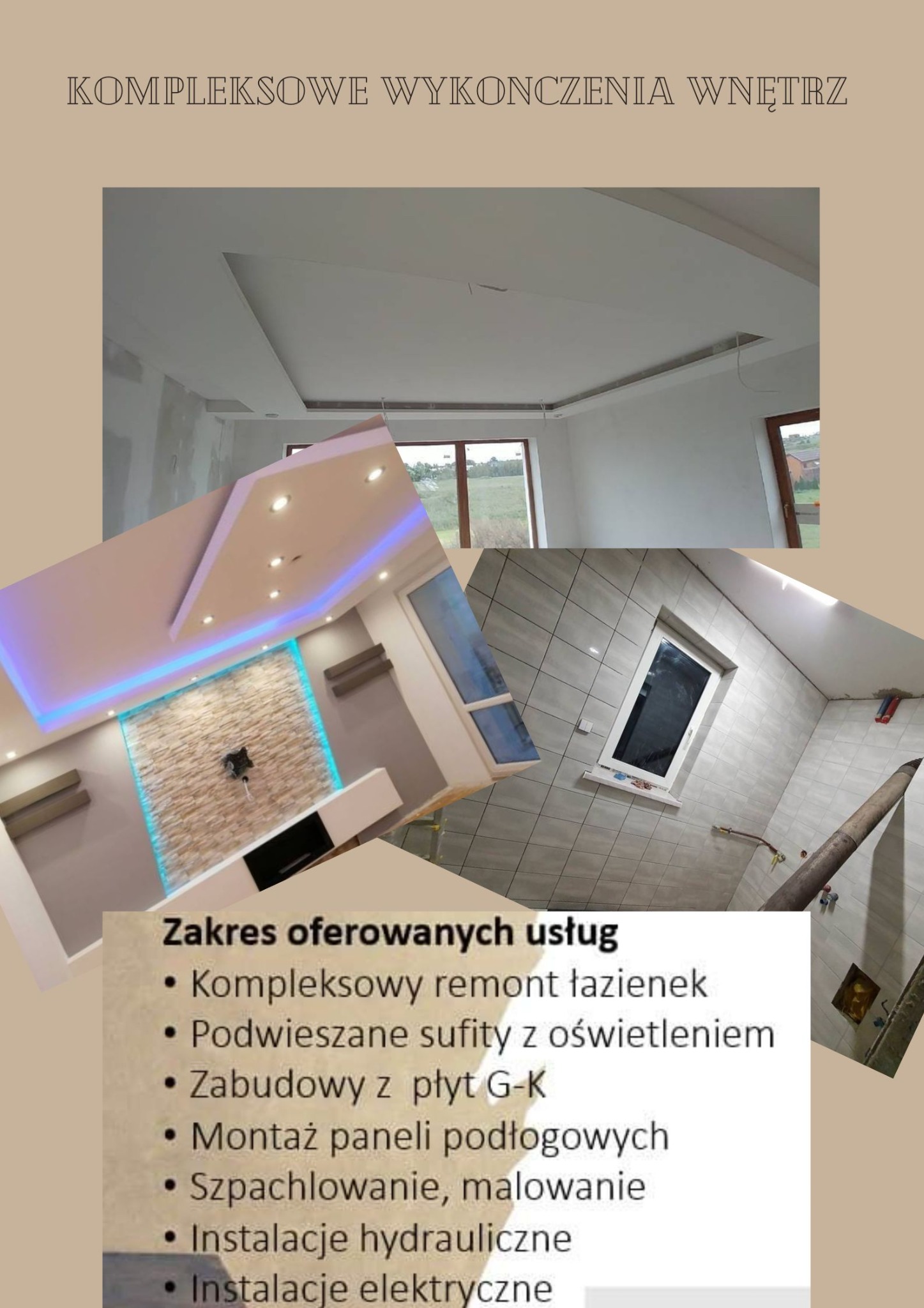 Kompozycja zdjęć przedstawiająca wykończone wnętrza: sufit podwieszany z oświetleniem, salon z dekoracyjną ścianą i podświetleniem LED oraz łazienkę z szarymi płytkami. Na dole widoczny zakres...