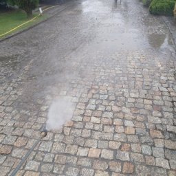 SOLARCELL - Mycie kostki brukowej na podjeździe za pomocą myjki ciśnieniowej; widoczna woda i piana, w tle wózek ogrodowy i roślinność.