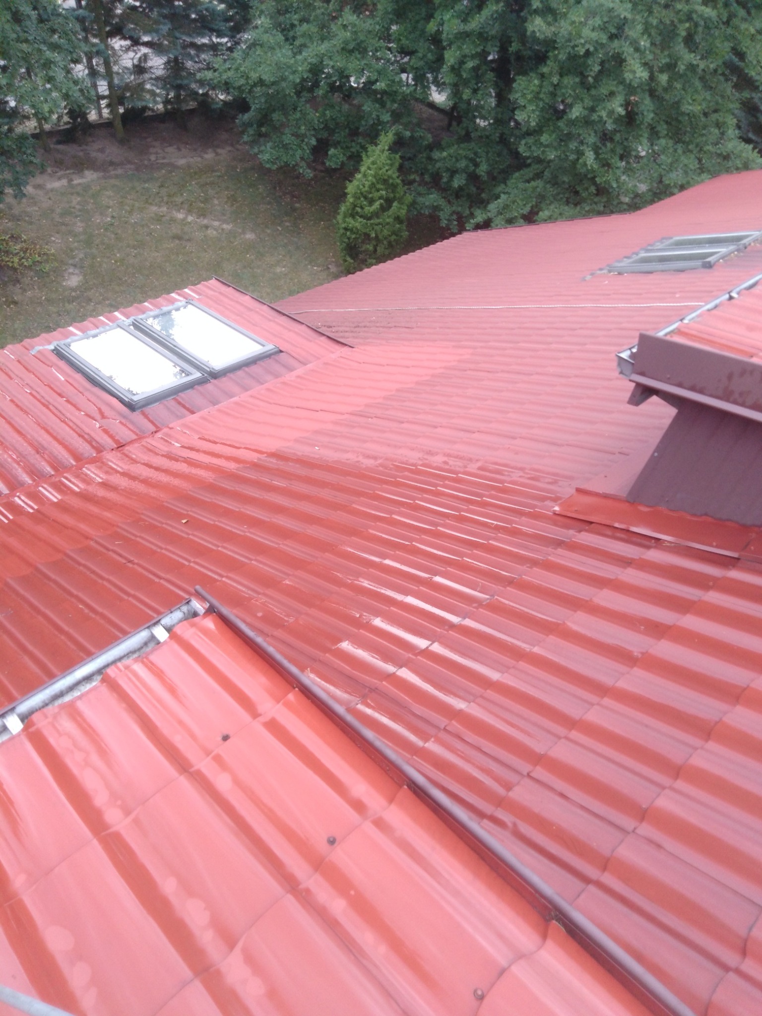 Czerwony, metalowy dach w Płońsku po umyciu, widoczne dwa okna dachowe i mokra powierzchnia, w tle drzewa.