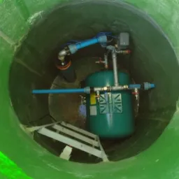 Wnętrze zielonej studni z zainstalowanym hydroforem, rurami i elementami elektrycznymi, widoczna drabinka zejściowa.