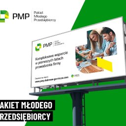 Projekt identyfikacji wizualnej - logo + materiały informacyjne Pakietu Młodego Przedsiębiorcy, zamawiający Urząd Miasta Dąbrowa Górnicza