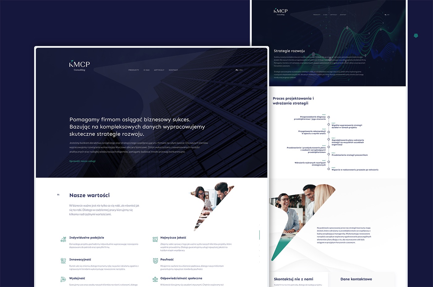 Nowoczesny wygląd strony internetowej firmy konsultingowej KMCP, z widocznymi sekcjami Strategie Rozwoju i Proces Projektowania i Wdrażania Strategii, na ciemnym tle z abstrakcyjnymi liniami.