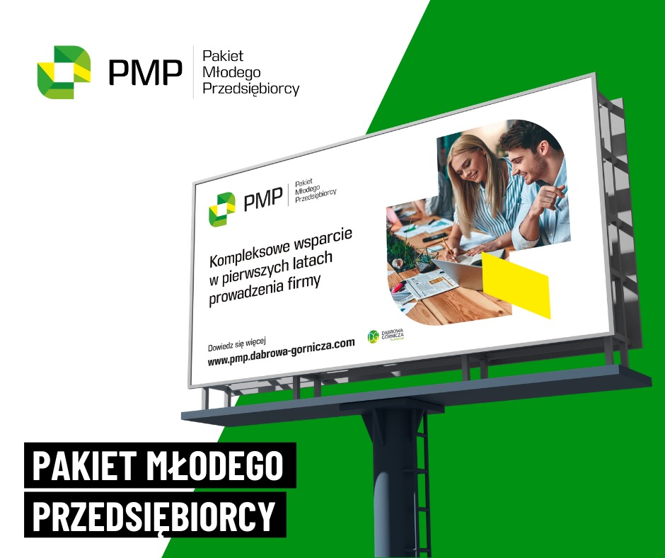Billboard reklamujący 'Pakiet Młodego Przedsiębiorcy' z logo PMP i hasłem 'Kompleksowe wsparcie w pierwszych latach prowadzenia firmy'. Na billboardzie widoczna ilustracja młodych ludzi pracujących...