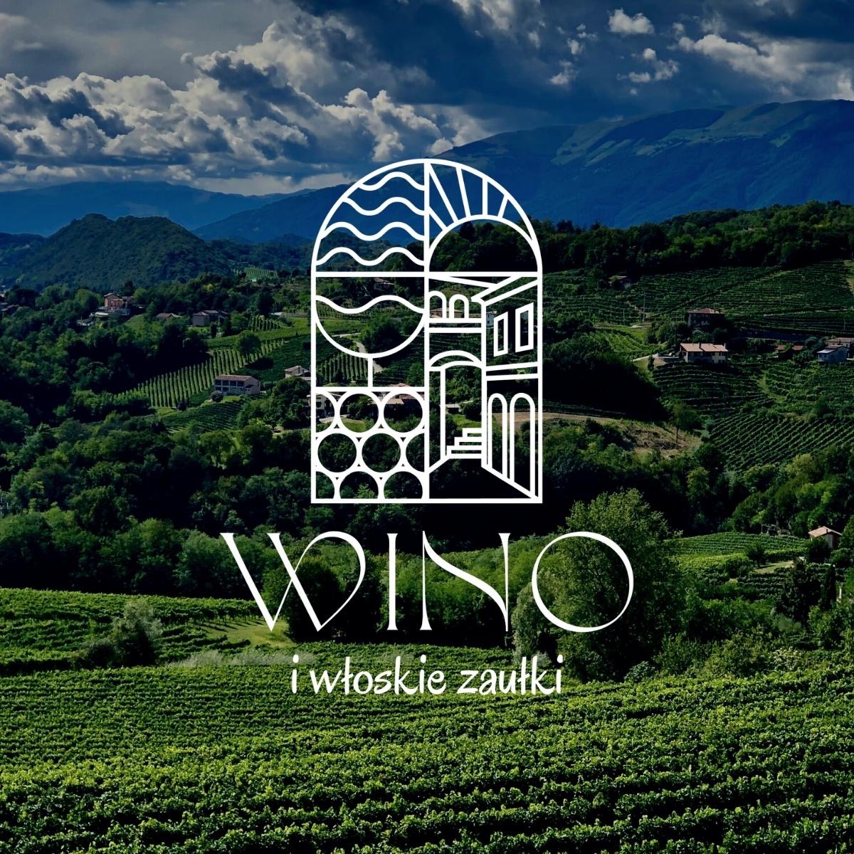 Grafika z stylizowanym oknem przedstawiającym krajobraz włoskiej winnicy, nad napisem 'WINO i włoskie zaułki', na tle zielonych wzgórz i błękitnego nieba z chmurami.
