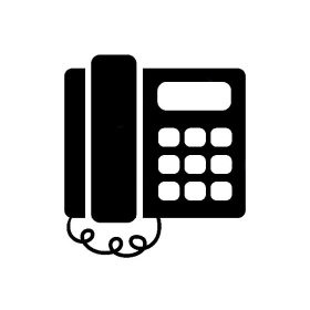 Czarna ikona telefonu stacjonarnego z kablem spiralnym po lewej stronie, na białym tle. Grafika wektorowa z wyraźnymi liniami i uproszczonym designem.