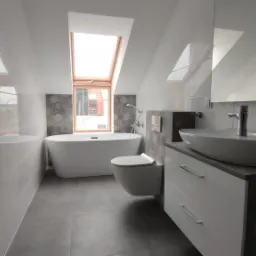 Nowoczesna łazienka na poddaszu z białą wanną wolnostojącą, wiszącą toaletą, umywalką nablatową na szafce z szufladami i oknem dachowym, wykończona białymi płytkami i dekoracyjną mozaiką.