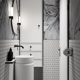 STYLOVE WNĘTRZA - Nowoczesna łazienka w czerni i bieli z umywalką na postumencie, owalnym lustrem z oświetleniem, szafką z szufladami i tapetą w motywy roślinne.