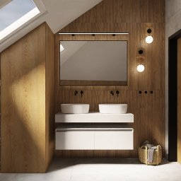 STYLOVE WNĘTRZA - Nowoczesna łazienka na poddaszu z drewnianą zabudową, dwoma umywalkami nablatowymi, lustrem z oświetleniem LED i dekoracyjnymi lampami kulkami.