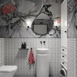 Nowoczesna łazienka z umywalką kolumnową, czarnym lustrem o nieregularnym kształcie i tapetą w kwiaty z czerwonym akcentem, uzupełniona o białą szafkę z szufladami i dekoracyjną półką na kosmetyki.