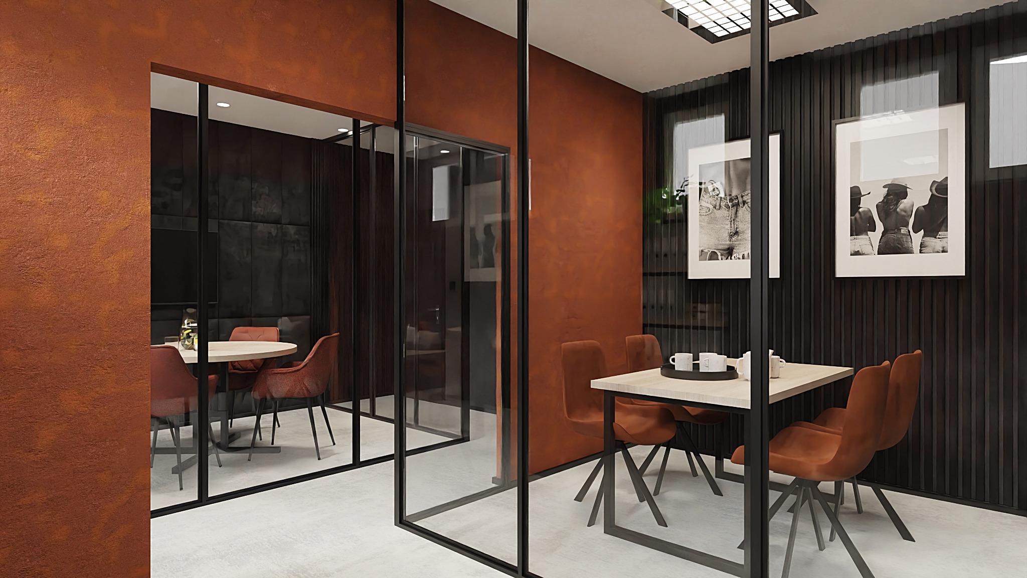 Nowoczesna sala konferencyjna z pomarańczowymi ścianami o fakturze rdzy, przeszklonymi ścianami działowymi z czarnymi ramami, stołami z krzesłami w odcieniach pomarańczy i czarno-białymi...