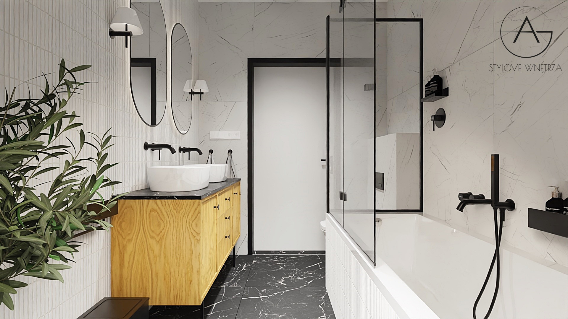 Nowoczesna łazienka z dwoma umywalkami na drewnianej szafce, czarną armaturą, kabiną prysznicową i marmurowymi płytkami na ścianach, uzupełniona zieloną rośliną w doniczce.