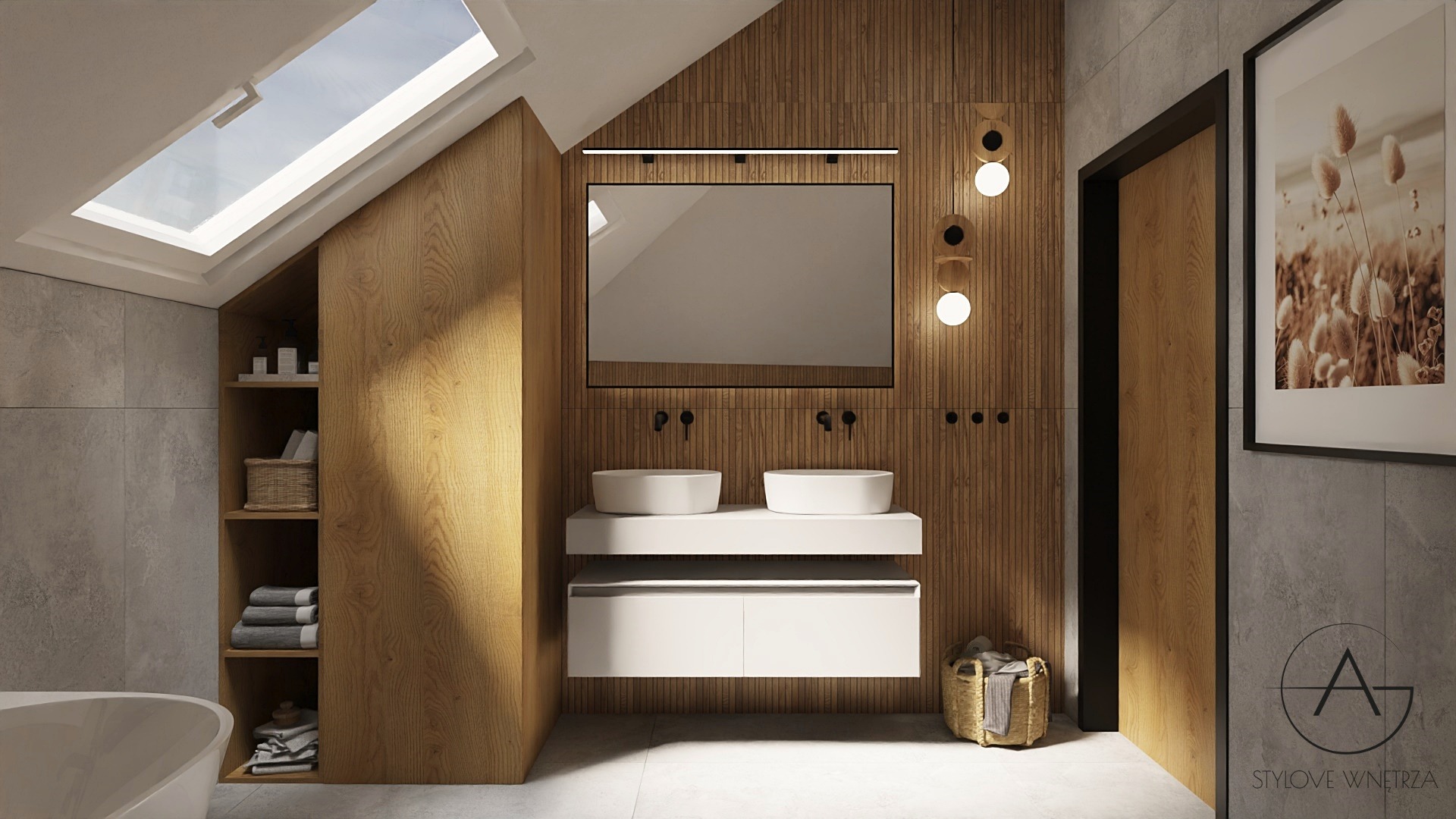 Nowoczesna łazienka na poddaszu z drewnianą zabudową, dwoma umywalkami nablatowymi, lustrem z oświetleniem LED i dekoracyjnymi lampami kulkami.