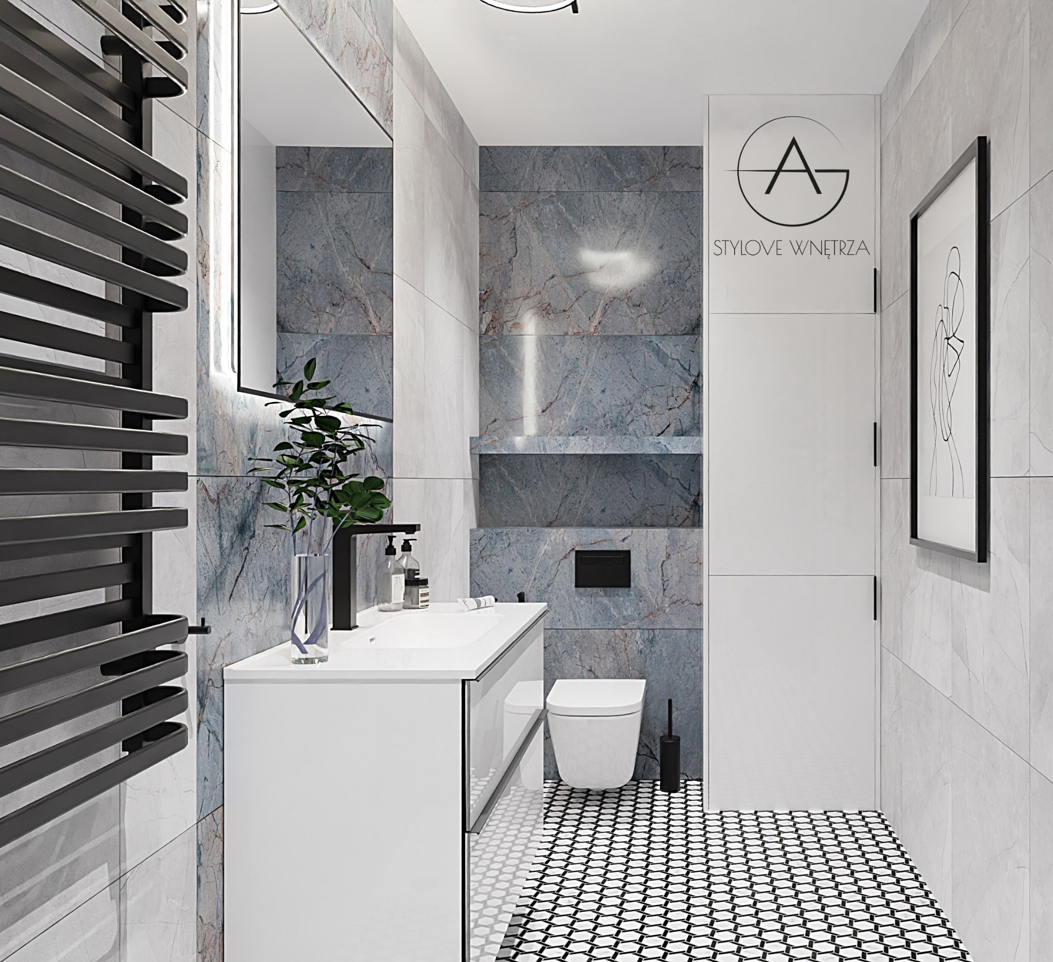 Nowoczesna łazienka z marmurowymi płytkami, białą szafką umywalkową, czarną armaturą i grzejnikiem drabinkowym. Na ścianie logo firmy 'Stylove Wnętrza' i minimalistyczny obrazek w czarnej ramie.