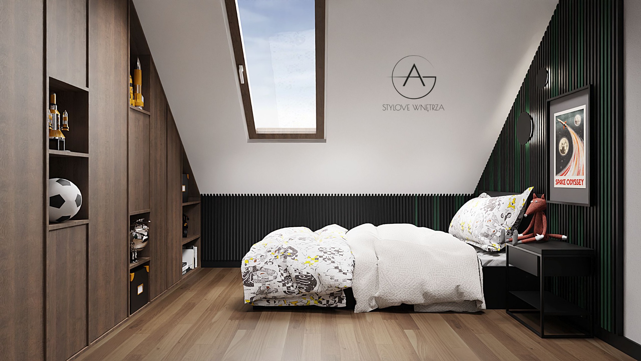 Pokój dziecięcy na poddaszu z drewnianą zabudową szaf, oknem dachowym i plakatem Space Odyssey na ścianie obitej pionowymi panelami; na szafkach rakiety i piłka.