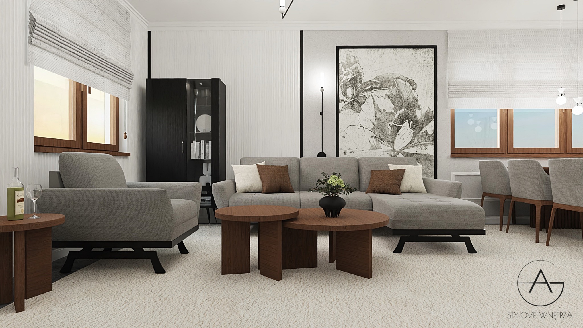 Nowoczesny salon z szarą sofą, drewnianymi stolikami kawowymi i fotelami, uzupełniony o czarną szafkę i abstrakcyjny obraz w czarnej ramie.