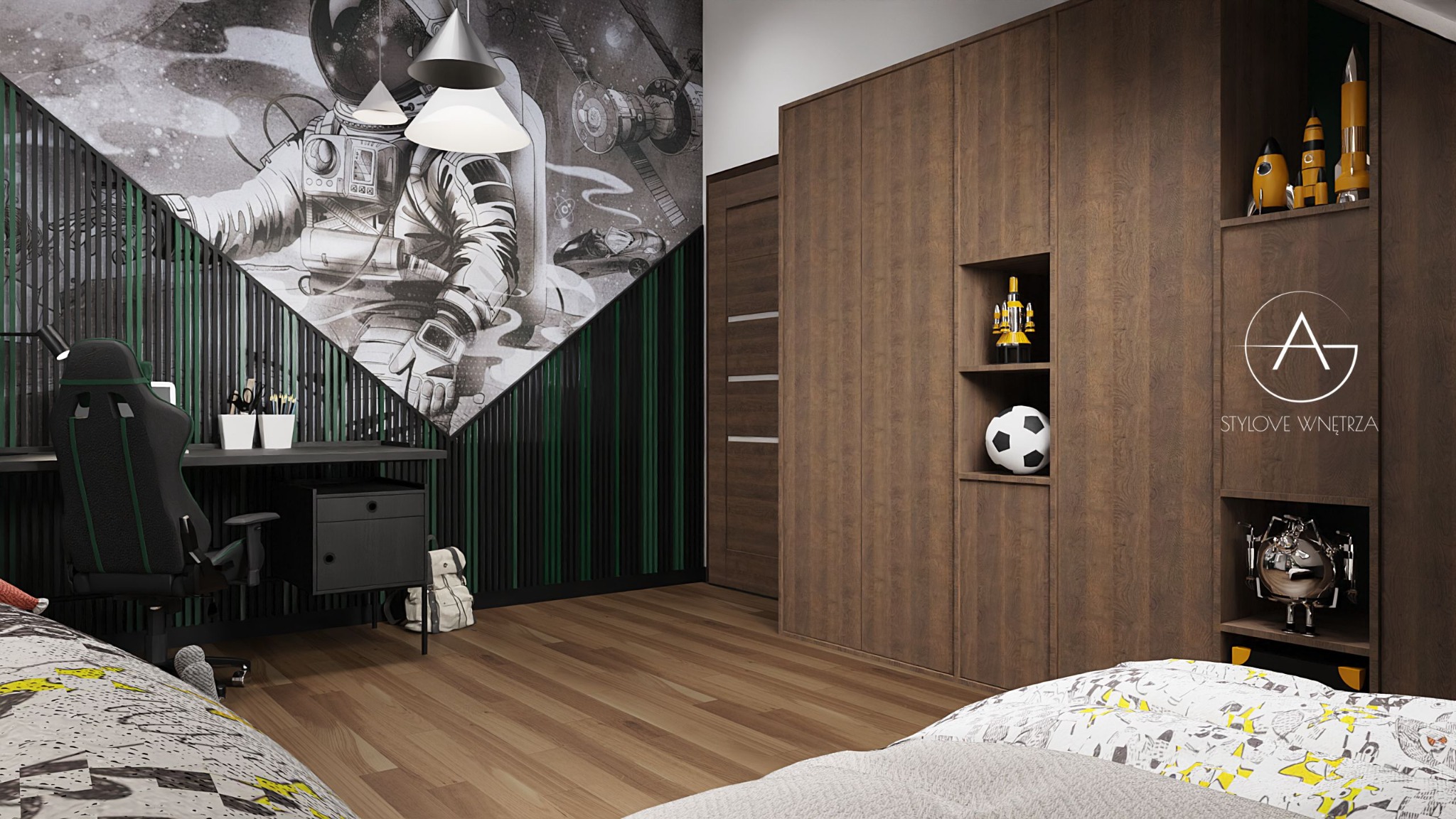 Pokój młodzieżowy z motywem kosmicznym: fototapeta z astronautą, biurko z krzesłem gamingowym, drewniana szafa z półkami na zabawki-rakiety i piłkę, podłoga z paneli.