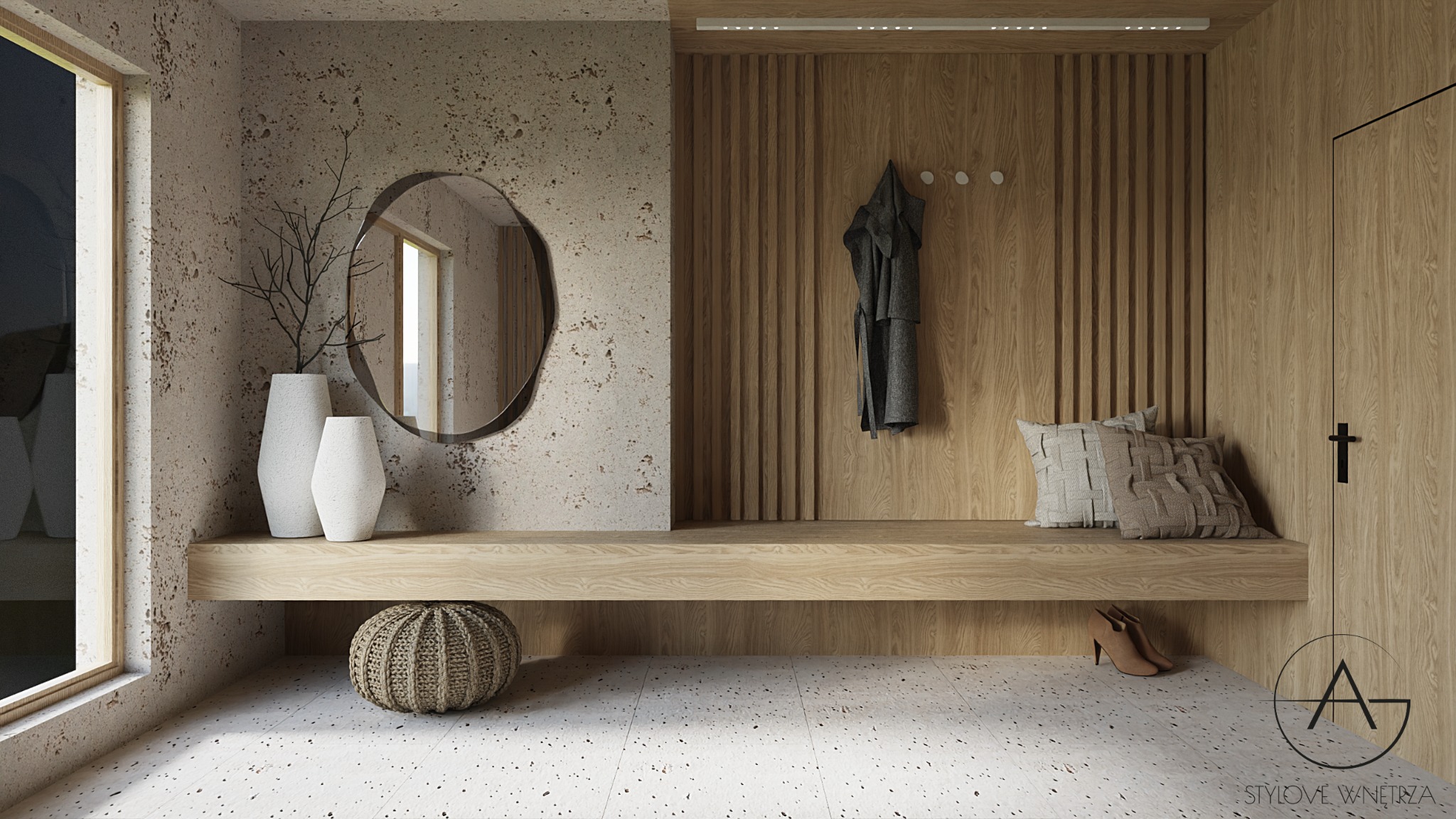 Nowoczesny przedpokój z siedziskiem z jasnego drewna, okrągłym lustrem bez ramy, dekoracyjnymi wazonami i betonową ścianą z widoczną fakturą.