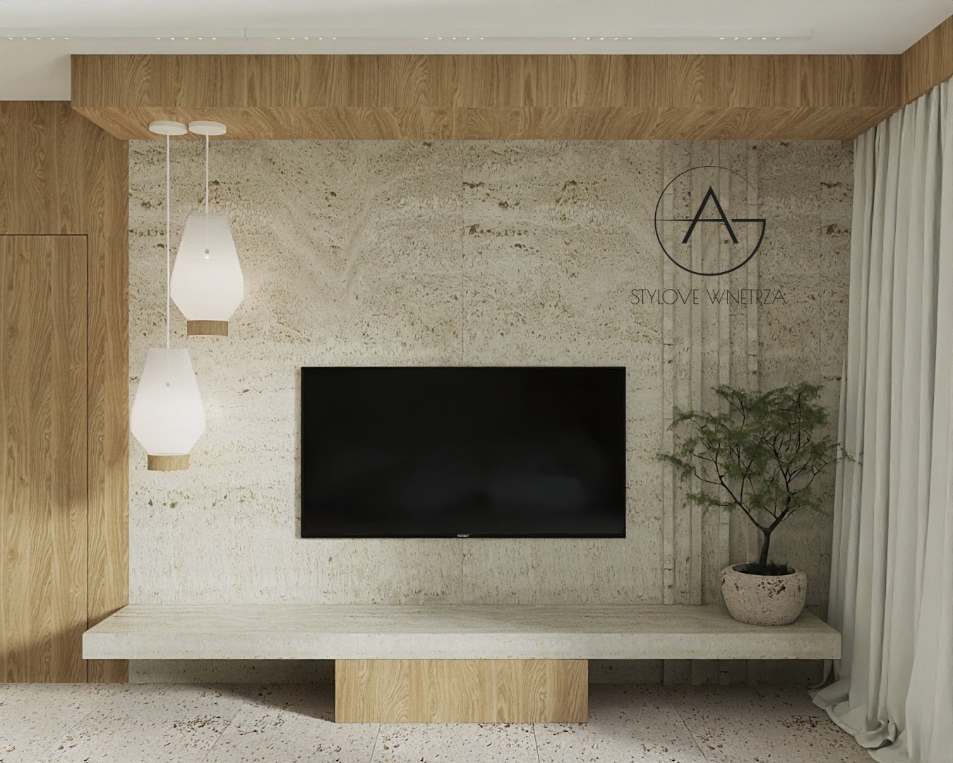 Minimalistyczny salon z telewizorem na tle ściany z trawertynu, wiszące lampy z mlecznego szkła i małe drzewko bonsai w kamiennej doniczce.