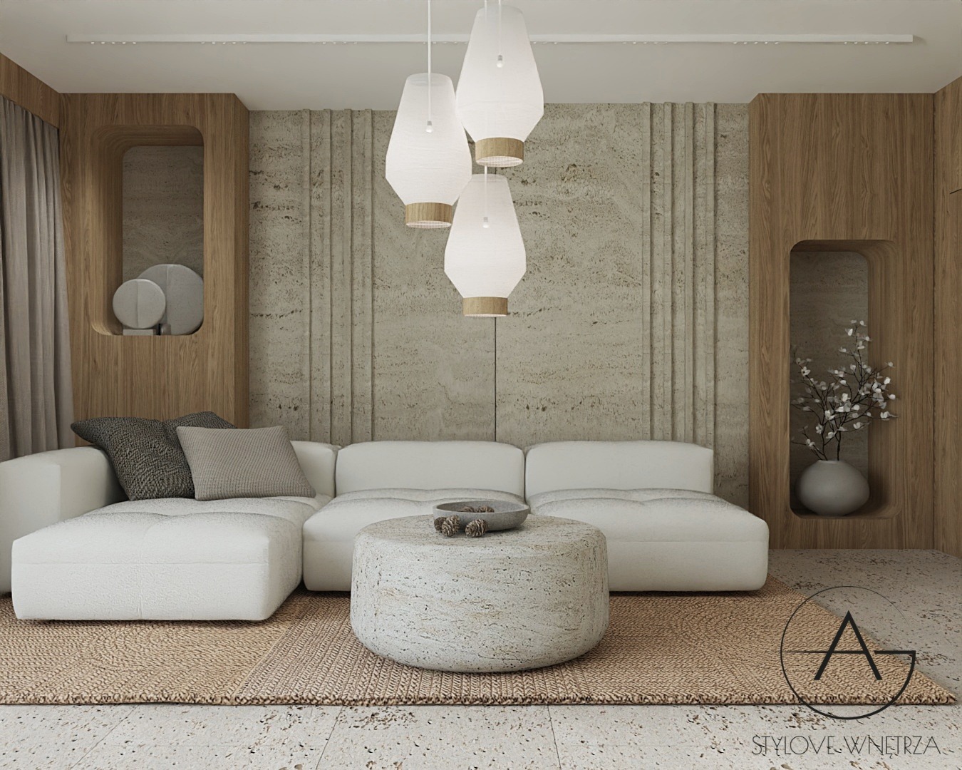 Jasny salon z modułową sofą, okrągłym stolikiem z imitacją kamienia, trzema wiszącymi lampami i dekoracyjnymi niszami w drewnianej zabudowie.