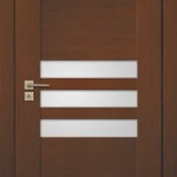 Ciemnobrązowe drzwi bezfelcowe z trzema poziomymi przeszkleniami z matowego szkła i metalową klamką.