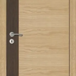 Beżowe drzwi wewnętrzne z drewnopodobnym wzorem, pionowy ciemnobrązowy pas po lewej stronie, srebrna klamka i zamek.