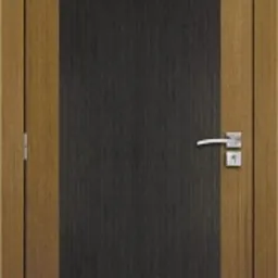 Nowoczesne drzwi wewnętrzne bezfelcowe z ciemnoszarym panelem centralnym i jasnobrązową ramą, widoczny zamek magnetyczny i klamka.