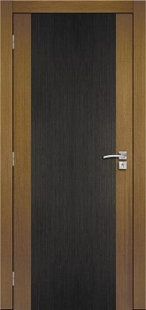 Nowoczesne drzwi wewnętrzne bezfelcowe z ciemnoszarym panelem centralnym i jasnobrązową ramą, widoczny zamek magnetyczny i klamka.