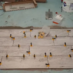 Układanie jasnoszarych płytek podłogowych z użyciem klipsów poziomujących, widoczne narzędzia glazurnicze i zaprawa w tle.