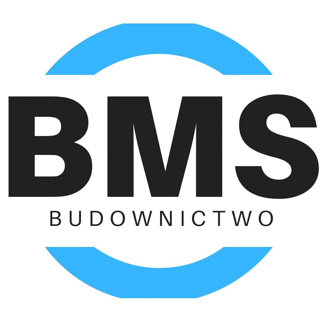Logo firmy budowlanej BMS Budownictwo z czarnym napisem i niebieskimi elementami graficznymi w kształcie okręgu.