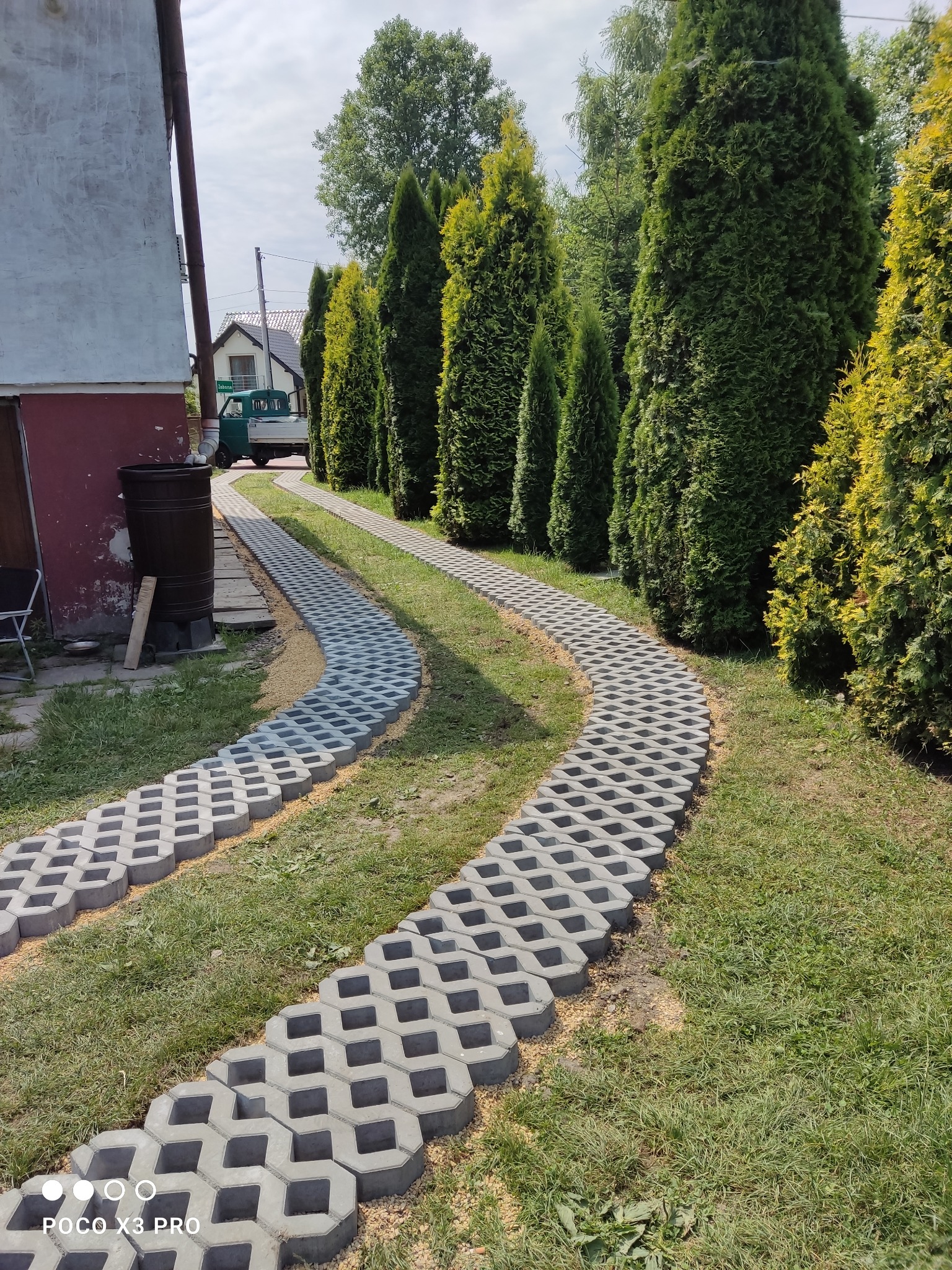 Dwie ścieżki z ażurowych betonowych płyt prowadzące przez trawnik, z widoczną podsypką z drobnego kruszywa, w tle rząd wysokich, smukłych drzew iglastych.