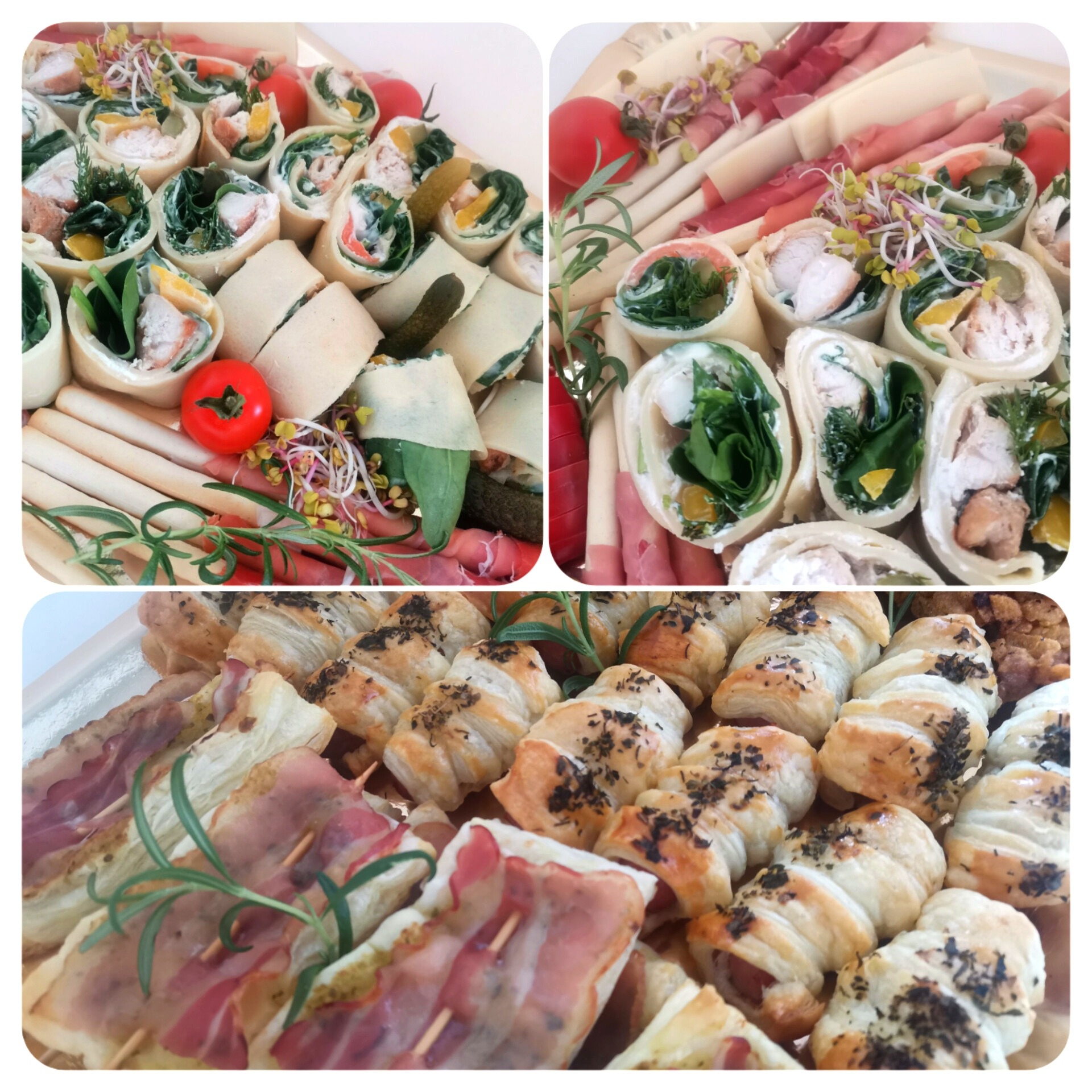 Dekoracyjna kompozycja przekąsek na tacy: roladki z tortilli z różnymi nadzieniami (kurczak, łosoś, warzywa), koreczki z szynką parmeńską i ciastka francuskie z ziołami.