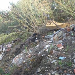 Wywóz Śmieci Gruzu Gabarytów - Sterta gruzu zmieszanego z ziemią i roślinnością, fragmenty cegieł i betonu, w tle krzaki i mały fragment żółtego elementu.