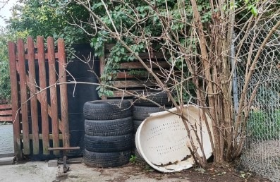 Stos opon ułożony przed drewnianą bramką, obok leży biały plastikowy element, prawdopodobnie z pralki, całość porośnięta gałęziami krzewu.